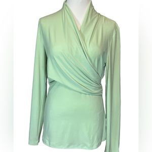DKNY Sea-foam Green Long Sleeve Side Ruche V-Neck Top